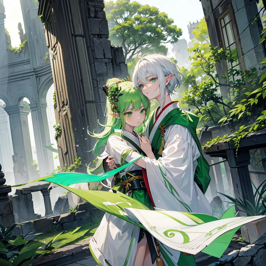 make a boy with white hair and green eyes wearing a kimono kissing an elf girl with green hair and green eyes wearing an archer outfit in front of ruins in dark fantasy aesthetic