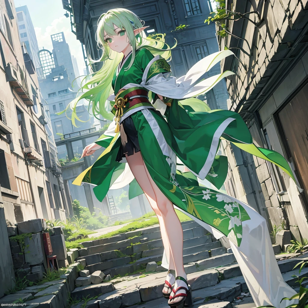 make a boy with white hair and green eyes wearing a kimono kissing an elf girl with green hair and green eyes wearing an archer outfit in front of ruins in dark fantasy aesthetic