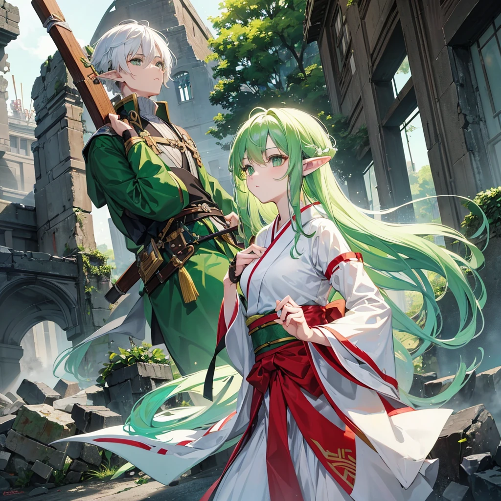 make a boy with white hair and green eyes wearing a kimono kissing an elf girl with green hair and green eyes wearing an archer outfit in front of ruins in dark fantasy aesthetic