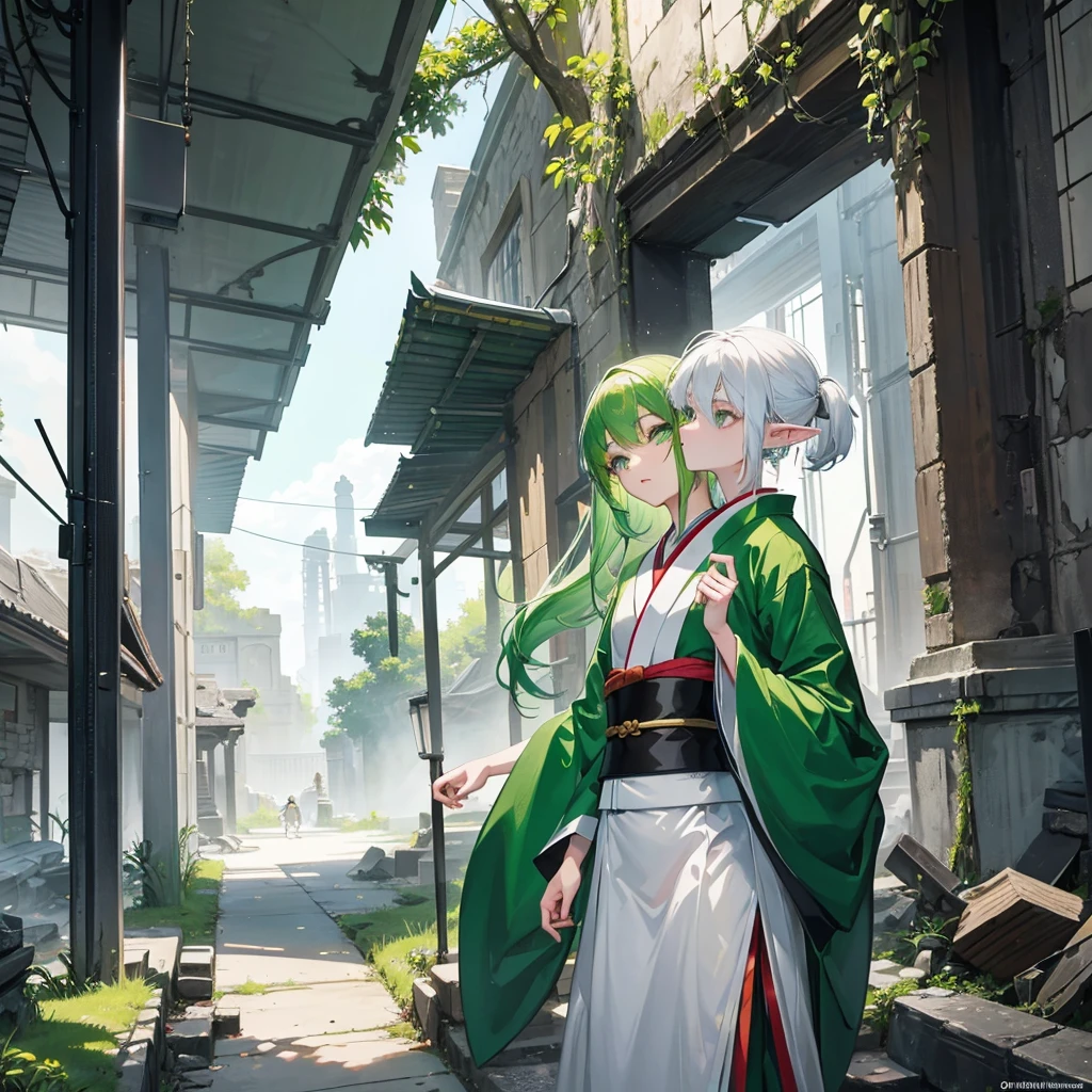 make a boy with white hair and green eyes wearing a kimono kissing an elf girl with green hair and green eyes wearing an archer outfit in front of ruins in dark fantasy aesthetic