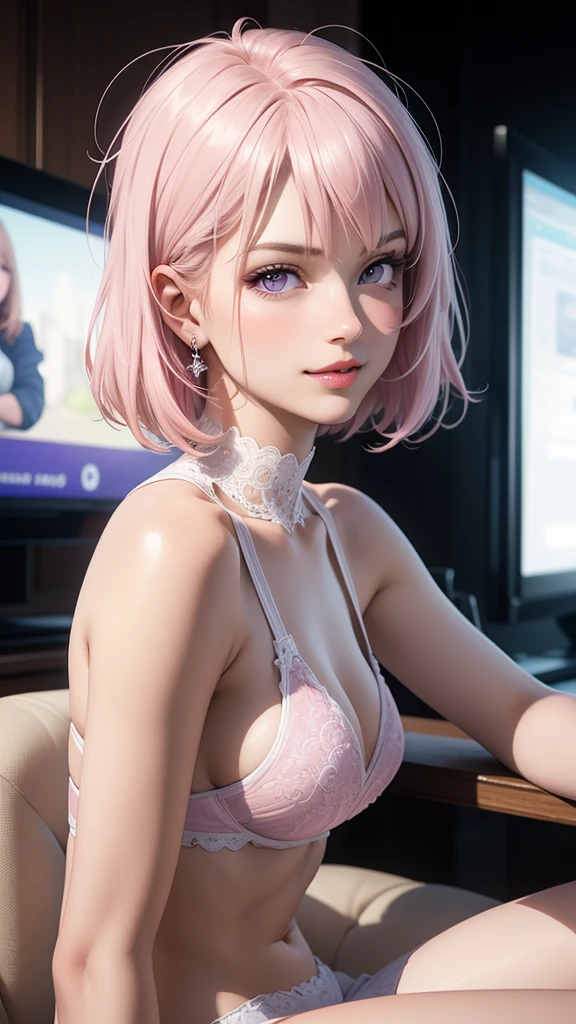 ((((masterpiece, Best Quality, High resolution)))), extremely detailed 8K, 25 years old sexy Beautiful Japanese girl with slim body, (Ultra HD, Ultra-detailed, Highly detailed, Highly realistic, Ultra-realistic, photos realistic), (viewer looking from below:1.6),(1girl:1.5), (glossy bright blonde hair, short hair:1.2),(dynamic poses), facing at camera, smile, (huge breasts: 1.2), (beautiful detailed face, Beautiful detailed brown eyes),(Wearing a tube top white sea-through t-shirt,The chest area of the shirt is wide open, :1.5), (breasts visilble:1.5), (hard nipples pointing:1.3), Glow, (very Sweat:1.5), sexy long legs, nakeness, bared chest, Sexy, Blushing, look up to the sky,{sitting on a (pink gaming chair:1.5) at home, (typing keyboard:1.3)}, (psychedelic wallpapers:1.3), (gaming monitors on a desk:1.3)