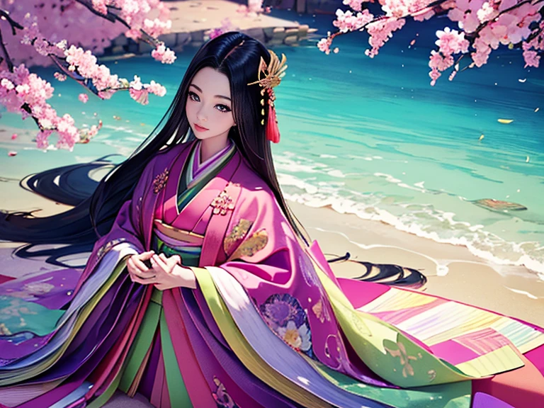 Twelve-layered kimono，(masterpiece, Highest quality, Highest quality，aesthetics:1.2)，From the side，Ezvian everywhere，1300 years ago，Japan_Heian period，Noble，１Beautiful Princess，Beautiful Skin，(Straight hair　Long, beautiful black hair　wealthy)，Beautiful round eyes，(kimono　Gentle pink color　The beauty of layered colors、Vibrant colors)，Silk luster，Layered Color，Wide sleeves，The hem of the hakama is long，dream-like，elegant，Highest quality，Beautiful graphics, Super detailed，butterfly，Fresh，Minimal background，Transparent robe images，Detailed CG、