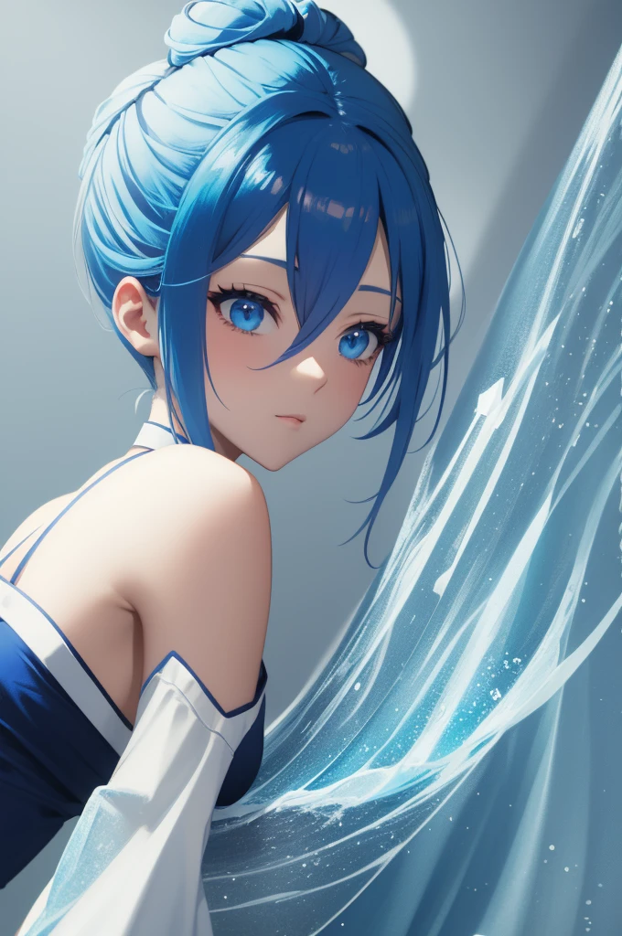 Makes an anime girl with blue hair and eyes with a medium white bun on top of her head wearing casual blue and white revealing sorcerer clothes in a meadow with ice magic on the tips of her hair