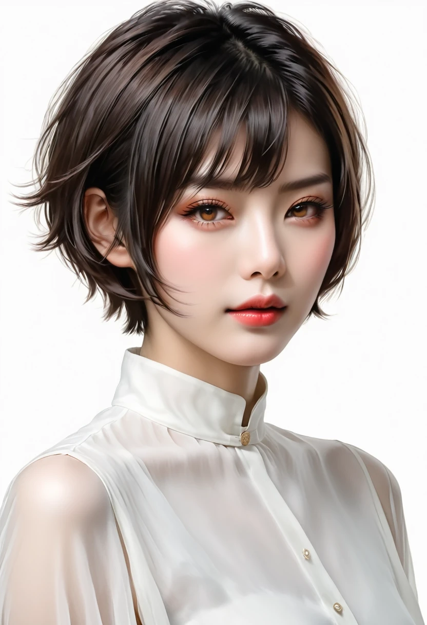 beautiful Japanese woman with short hair , white background