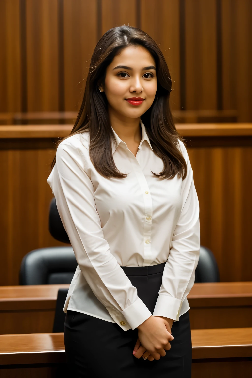 best quality full body wide frame female lawyer in a court, 24 year old woman, brown skin , nose a little wide, big brown eyes, long dark brown hair , Red lips 