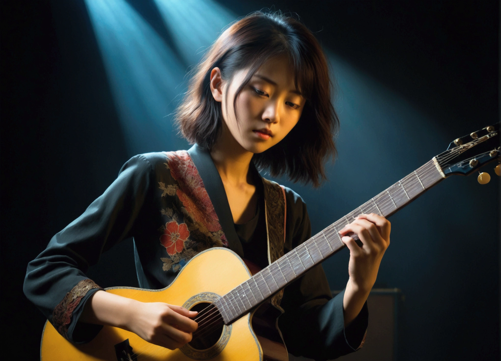 One girl, guitarist, エレキギターを弾くguitarist, Detailed facial features, Intricate guitar details, Dramatic lighting, Gloomy atmosphere, Structure of the film, oil, Vibrant colors, Dramatic Shadows, Accomplished musician, intense expression, Dynamic pose, Studio settings, Professional Quality, masterpiece, Highest quality, so beautiful, Absurd、Japanese