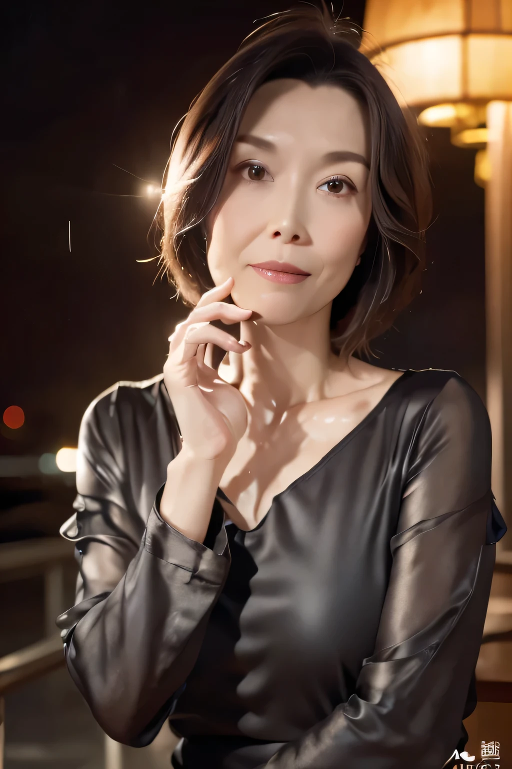 Random Pause, Mix 4, (8k, Original photo, Highest quality, masterpiece: 1.45), (Actual, Genuine: 1.37), Skinny Japanese woman, One, Mature Woman, charm, City view, night, rain, Wet Hair, Wet Face, Wet Skin, Wet clothes, Professional Lighting, Photon Mapping, Radio City, Physically Based Rendering, Gradient black hair, Short Curly Hair, good looking, Moderate tear, High resolution, 1080P, (Clear Face), (Detailed facial depiction), (Detailed description of the hand), (Exquisite CGI), Extreme light and shadow, Messy Hair, Lots of details, (Exquisite facial features), (Highest quality photos), (Beautiful Eyes), Look in front of you, Thin clavicle,