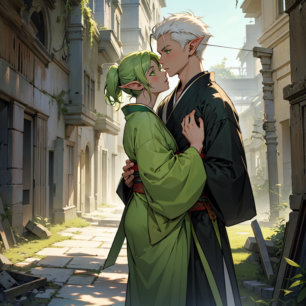 make a boy with white hair and green eyes wearing a kimono kissing an elf girl with green hair and green eyes wearing an archer outfit in front of ruins in dark fantasy aesthetic