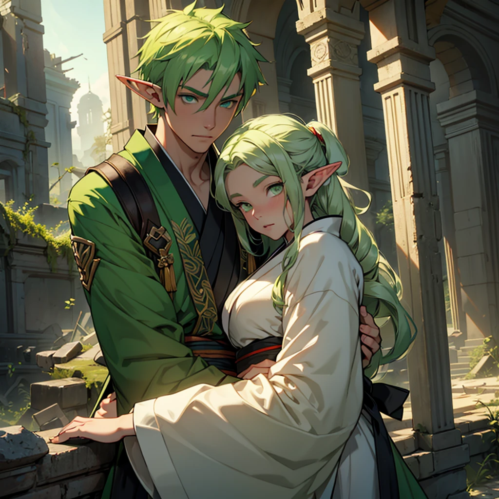 make a boy with white hair and green eyes wearing a kimono kissing an elf girl with green hair and green eyes wearing an archer outfit in front of ruins in dark fantasy aesthetic