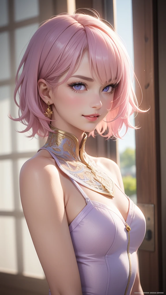 (masterpiece, best quality), intricate details, thin, ((slim)), beautiful girl, Light pink hair, light purple eyes, sharp jawline,  messy hair, lips, upper body, smirk, Backwards