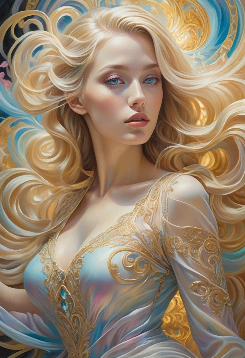 In a mesmerizing swirl of golden filigree and pastel hues, an imposing female figure, flowing blonde hair, sharp, detailed face, expressive, crystalline eyes, an image of an esoteric, Rococo-inspired time portal flourishes, its intricate details suggesting hidden depths beyond. This surreal oil painting transports viewers to a fantastical realm where delicate swirls of color dance with ethereal grace. The level of detail is breathtaking, each brushstroke meticulous and precise, capturing the essence of a bygone era with remarkable precision. This visually stunning masterpiece exudes an aura of mystery and wonder, inviting exploration of its enigmatic secrets.