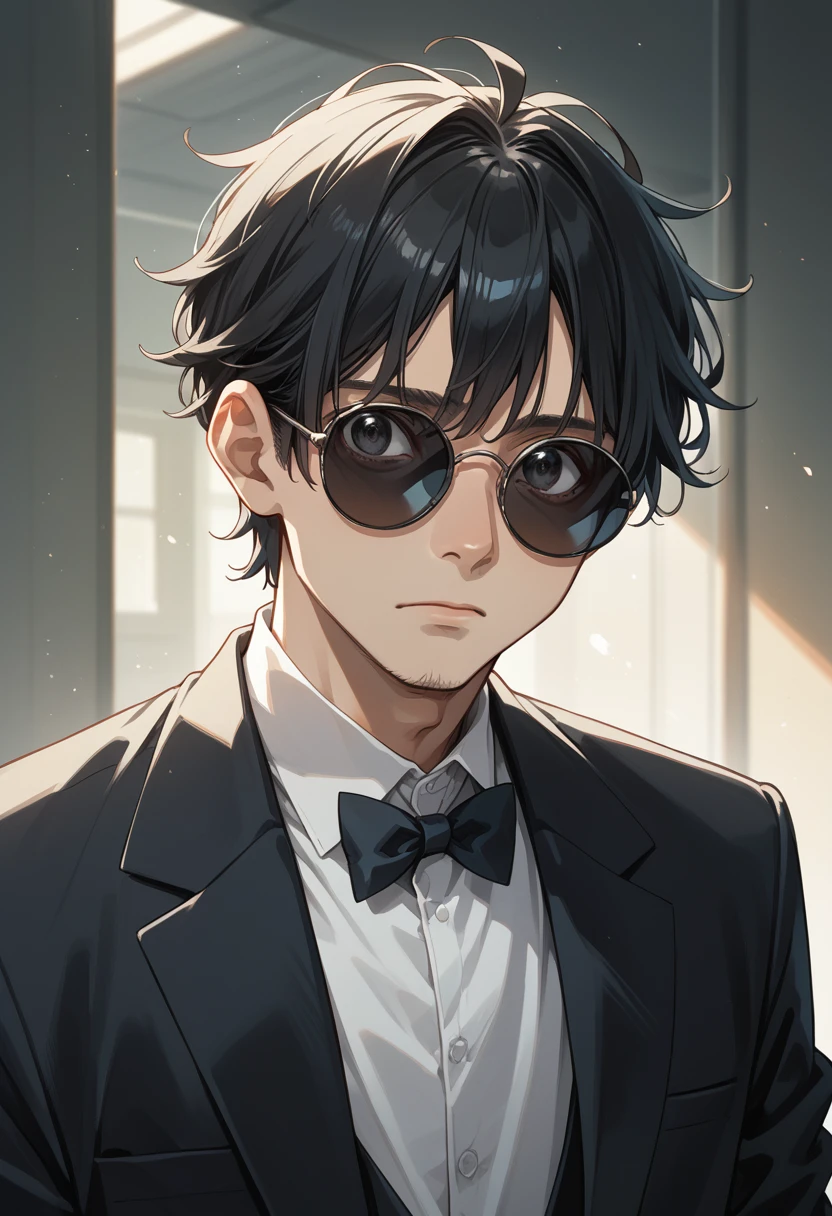 Create a stylish man with sunglasses and round eyes, long black hair tied with bangs in the front, with suit and black eye, アニメ