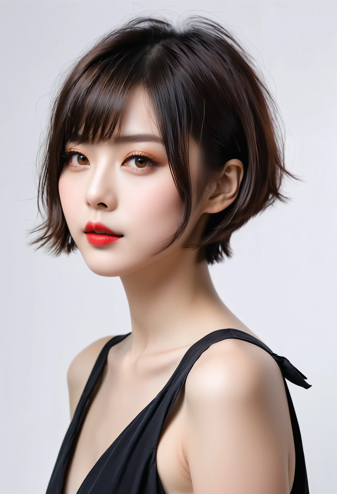 beautiful Japanese woman with short hair , white background