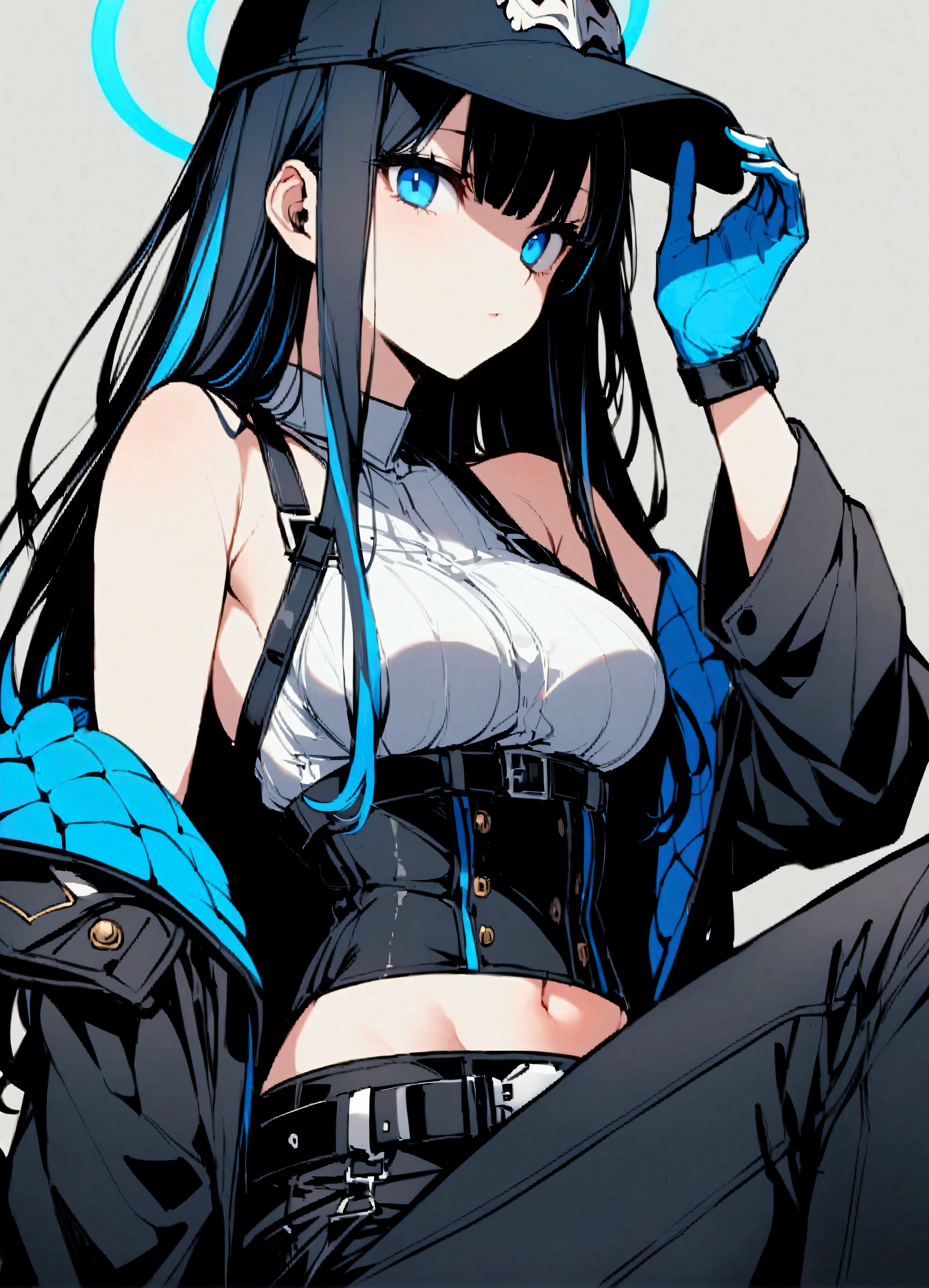 One woman、solo、Long Hair、chest、Staring at the audience、bangs、blue eyes、大きなchest、Simple Background、shirt、Black Hair、gloves、Long sleeve、hat、belly button、Shoulder Bare、中くらいのchest、Sitting、Blue Hair、Jacket、Side Lock、Colorful Hair、Open clothes、No sleeve、黒いgloves、abdomen、belt、pants、Off the shoulder、stomach、Raise your arms、開いたJacket、coat、Crop top、between legs、黒いshirt、No sleeve shirt、黒いhat、mask、Halo、黒いpants、白いJacket、Black Background、Baseball cap、Raise your knees、黒いbelt、開いたcoat、口mask、Underbust、白いcoat、黒いmask、Snap Fit Buckle