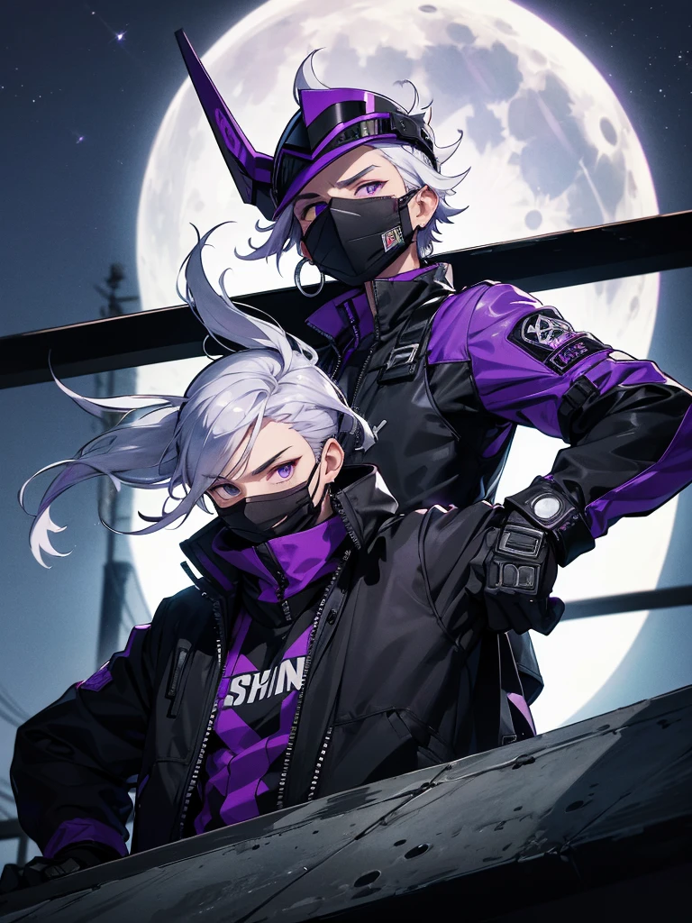 marked spy wearing all black clothing, with his entire face covered by a punk mask with a purple visor, with white hair, with silver hoop earrings in his ear, on top of a building with the moon in the background