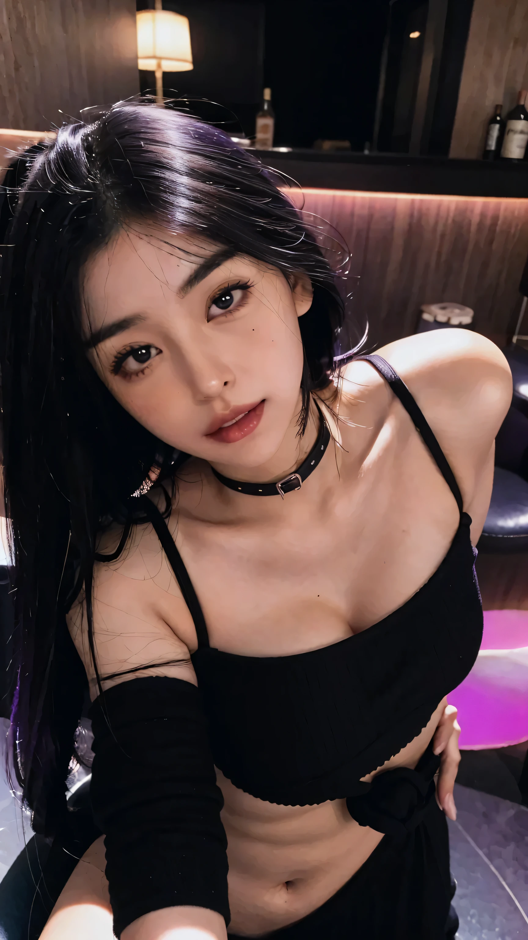(full body), realistic photo of a asian girl, ((black and purple hair)), in a luxorious bar, (detailled face feature)