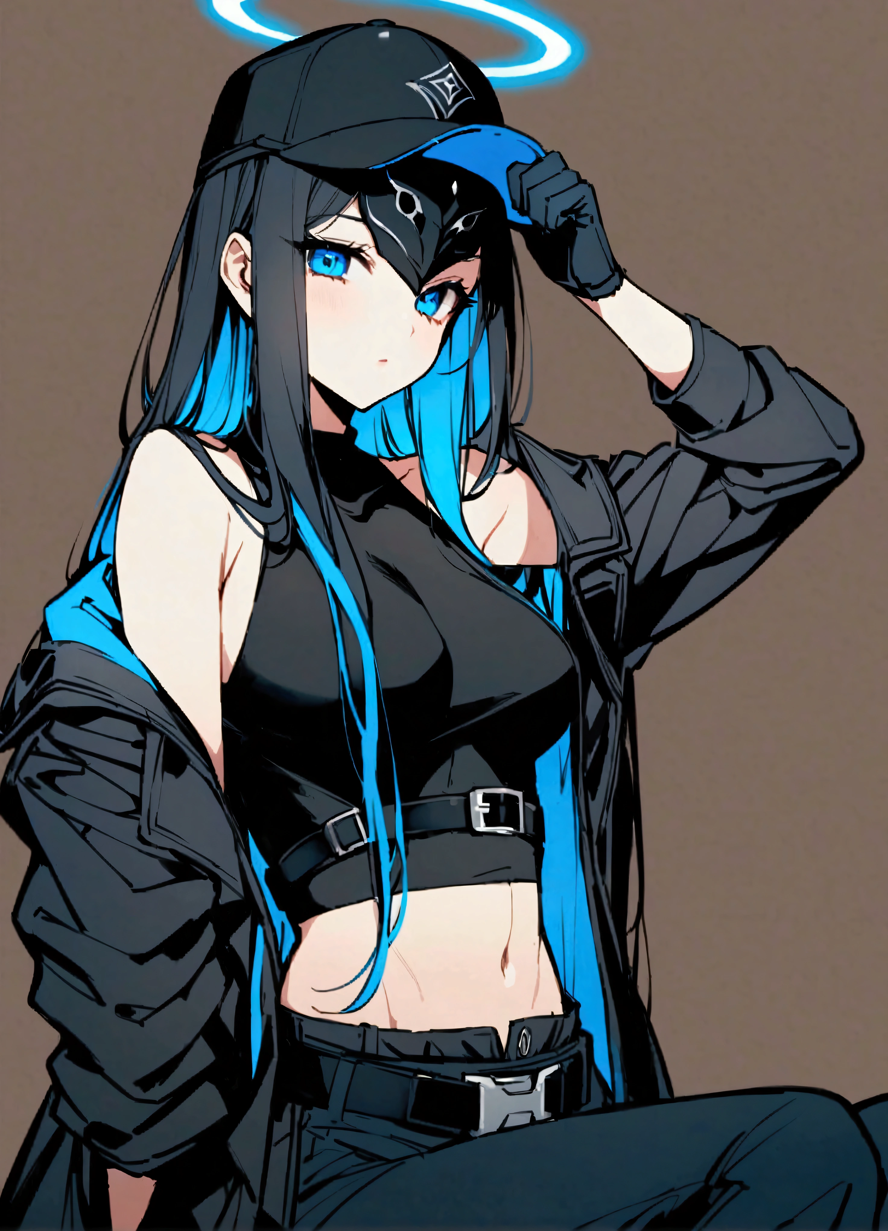 One woman、solo、Long Hair、chest、Staring at the audience、bangs、blue eyes、大きなchest、Simple Background、shirt、Black Hair、gloves、Long sleeve、hat、belly button、Shoulder Bare、中くらいのchest、Sitting、Blue Hair、Jacket、Side Lock、Colorful Hair、Open clothes、No sleeve、黒いgloves、abdomen、belt、pants、Off the shoulder、stomach、Raise your arms、開いたJacket、coat、Crop top、between legs、黒いshirt、No sleeve shirt、黒いhat、mask、Halo、黒いpants、白いJacket、Black Background、Baseball cap、Raise your knees、黒いbelt、開いたcoat、口mask、Underbust、白いcoat、黒いmask、Snap Fit Buckle