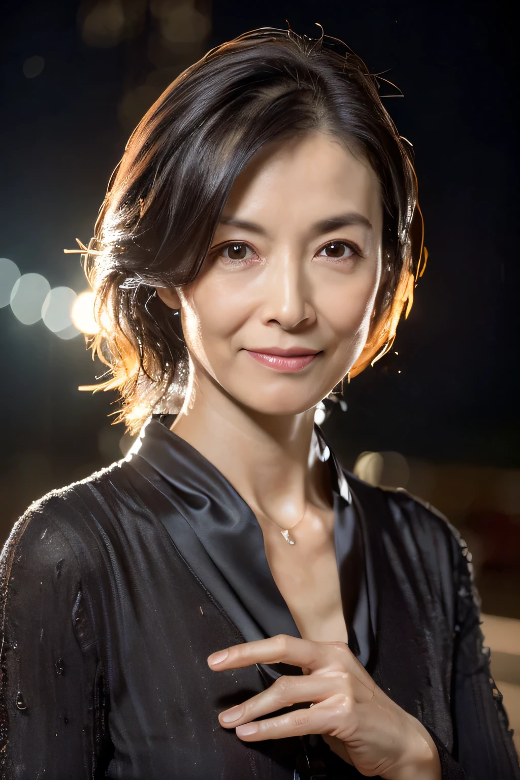 Random Pause, Mix 4, (8k, Original photo, Highest quality, masterpiece: 1.45), (Actual, Genuine: 1.37), Skinny Japanese woman, One, Mature Woman, charm, City view, night, rain, (Wet Hair, Wet Face, Wet Skin, Wet clothes:1.4), Professional Lighting, Photon Mapping, Radio City, Physically Based Rendering, Gradient black hair, Short Curly Hair, good looking, Moderate tear, High resolution, 1080P, (Clear Face), (Detailed facial depiction), (Detailed description of the hand), (Exquisite CGI), Extreme light and shadow, Messy Hair, Lots of details, (Exquisite facial features), (Highest quality photos), (Beautiful Eyes), Look in front of you, Thin clavicle,
