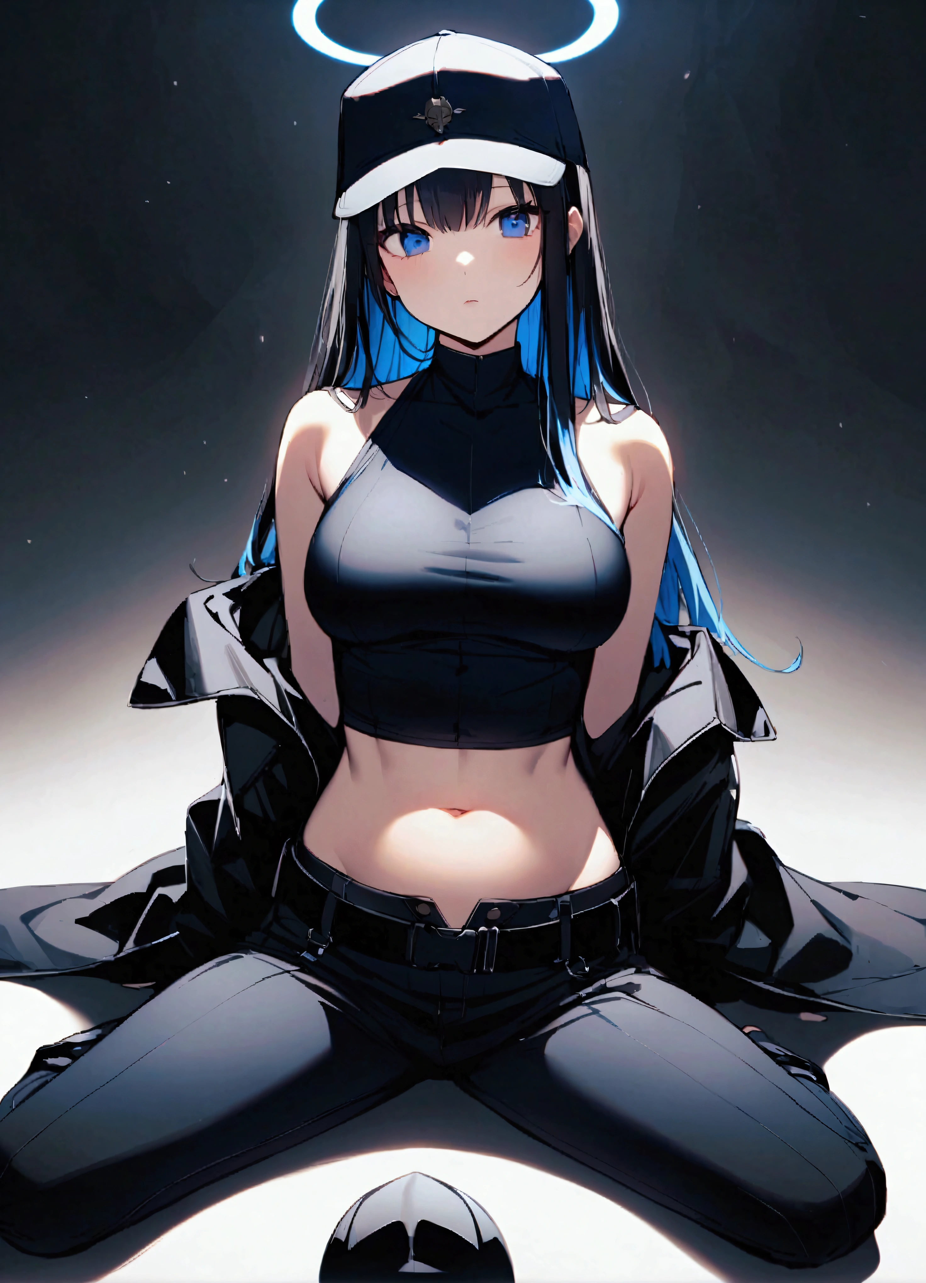 One woman、solo、Long Hair、chest、Staring at the audience、bangs、blue eyes、大きなchest、Simple Background、shirt、Black Hair、gloves、Long sleeve、hat、belly button、Shoulder Bare、中くらいのchest、Sitting、Blue Hair、Jacket、Side Lock、Colorful Hair、Open clothes、No sleeve、黒いgloves、abdomen、belt、pants、Off the shoulder、stomach、Raise your arms、開いたJacket、coat、Crop top、between legs、黒いshirt、No sleeve shirt、黒いhat、mask、Halo、黒いpants、白いJacket、Black Background、Baseball cap、Raise your knees、黒いbelt、開いたcoat、口mask、Underbust、白いcoat、黒いmask、Snap Fit Buckle