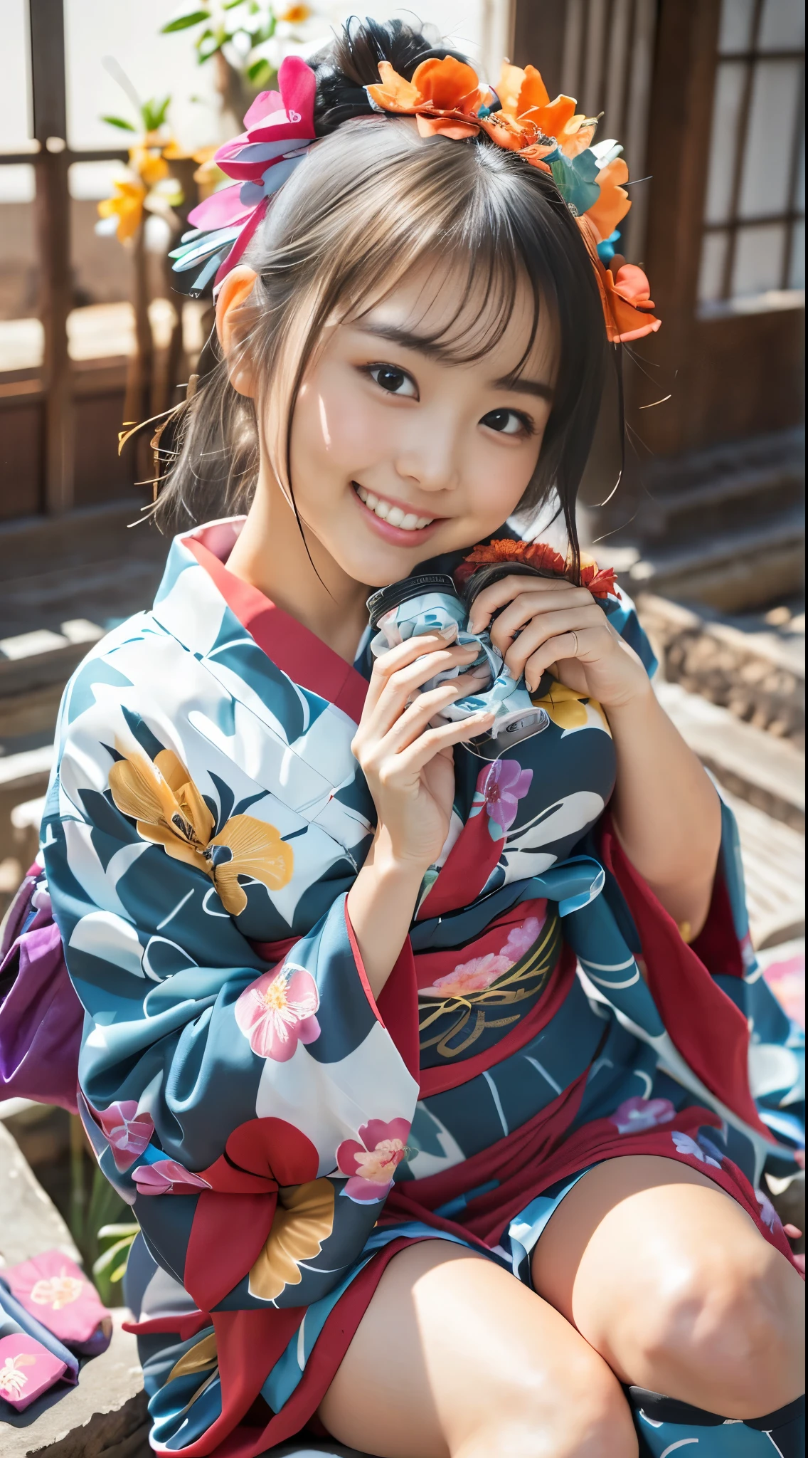 (8k、Raw photography、Highest quality、masterpiece:1.2),(Black Hair、Dark Eyes:1.9),(Yukata with colorful floral pattern:1.6)、View your viewers,Front view,White skin,(:1.4)、(Tight waist:1.6)、(Clothes that accentuate the shape of the breasts:1.4)、(Big Breasts :1.6)、Slim figure、Ultra-high resolution,beautiful,beautiful fece,(One person、No background:1.9),whole bodyボディー,Japanese women,(reality的:1.37)、Photon Mapping,reality、(Baby-faced and cute: 1.4)、(Cute Smile: 1.8)、(Round face: 1.8)、Radio City、Physically Based Rendering、Depth of field rally background、photograph, (I can see your knees、Thigh close-up:1.8),(:1.6),whole body、Great quality