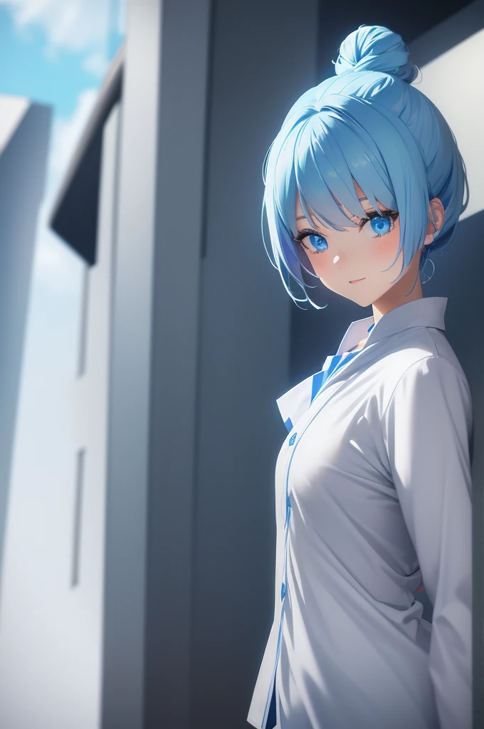 Make an anime girl with ice blue hair, blue eyes with a medium white bun on top of the head wearing casual blue and white revealing sorcerer clothes in a meadow