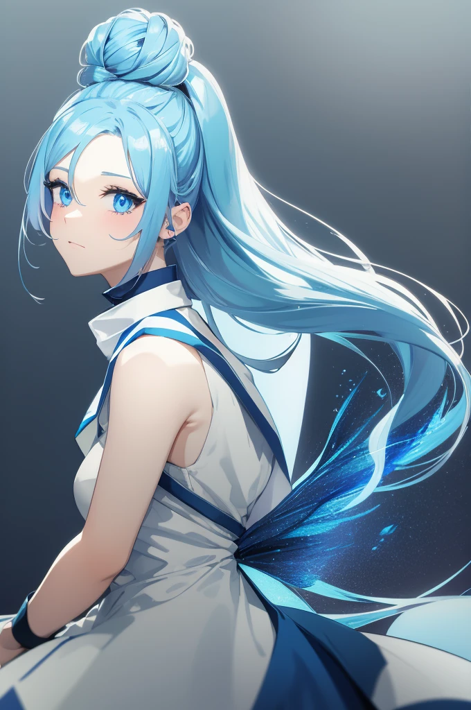 Make an anime girl with ice blue hair, blue eyes with a medium white bun on top of the head wearing casual blue and white revealing sorcerer clothes in a meadow