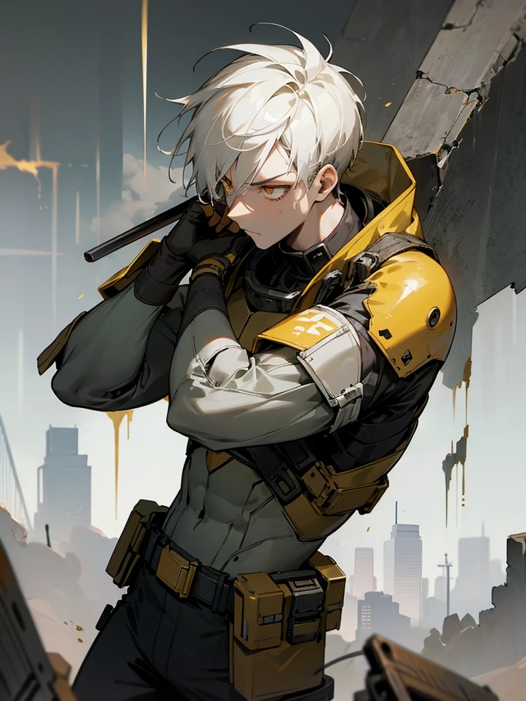 1 boy, post-apocalyptic suit, golden eyes, short hair, white hair, serious look, abandoned city background, ash particles as decoration.
