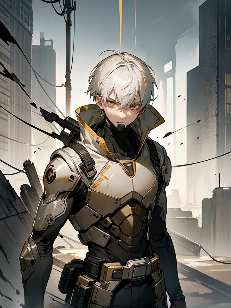 1 boy, post-apocalyptic suit, golden eyes, short hair, white hair, serious look, abandoned city background, ash particles as decoration.
