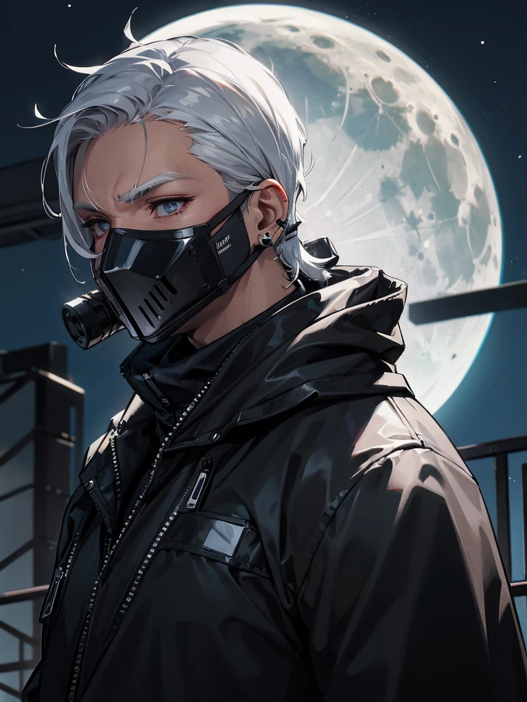marked spy wearing all black clothing, with his entire face covered by a cybernetic mask, with white hair, with silver hoop earrings in his ear, on top of a building with the moon in the background