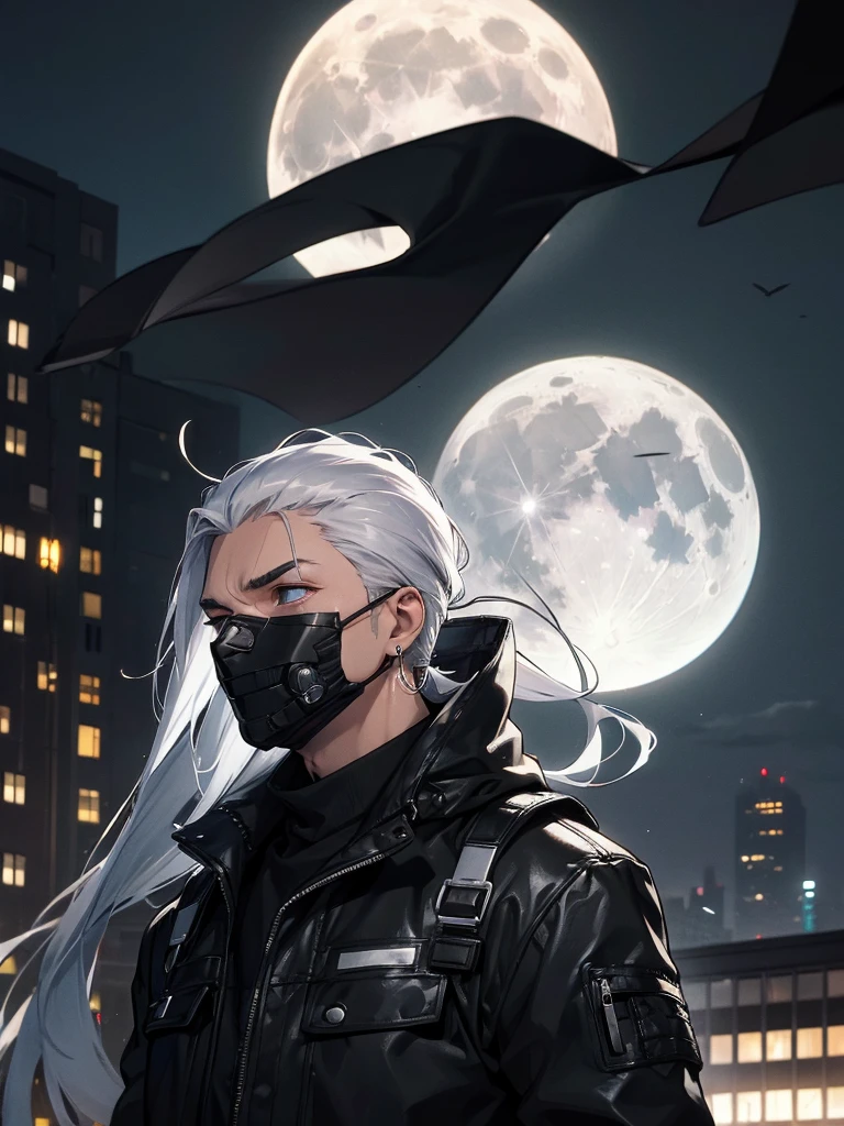 marked spy wearing all black clothing, with his entire face covered by a cybernetic mask, with white hair, with silver hoop earrings in his ear, on top of a building with the moon in the background