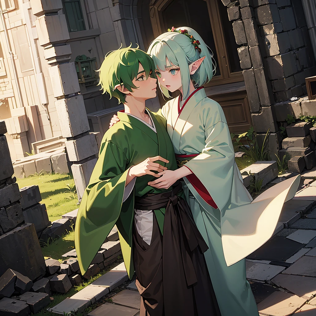 make a boy with white hair and green eyes wearing a kimono kissing an elf girl with green hair and green eyes wearing an archer outfit in front of ruins in dark fantasy aesthetic