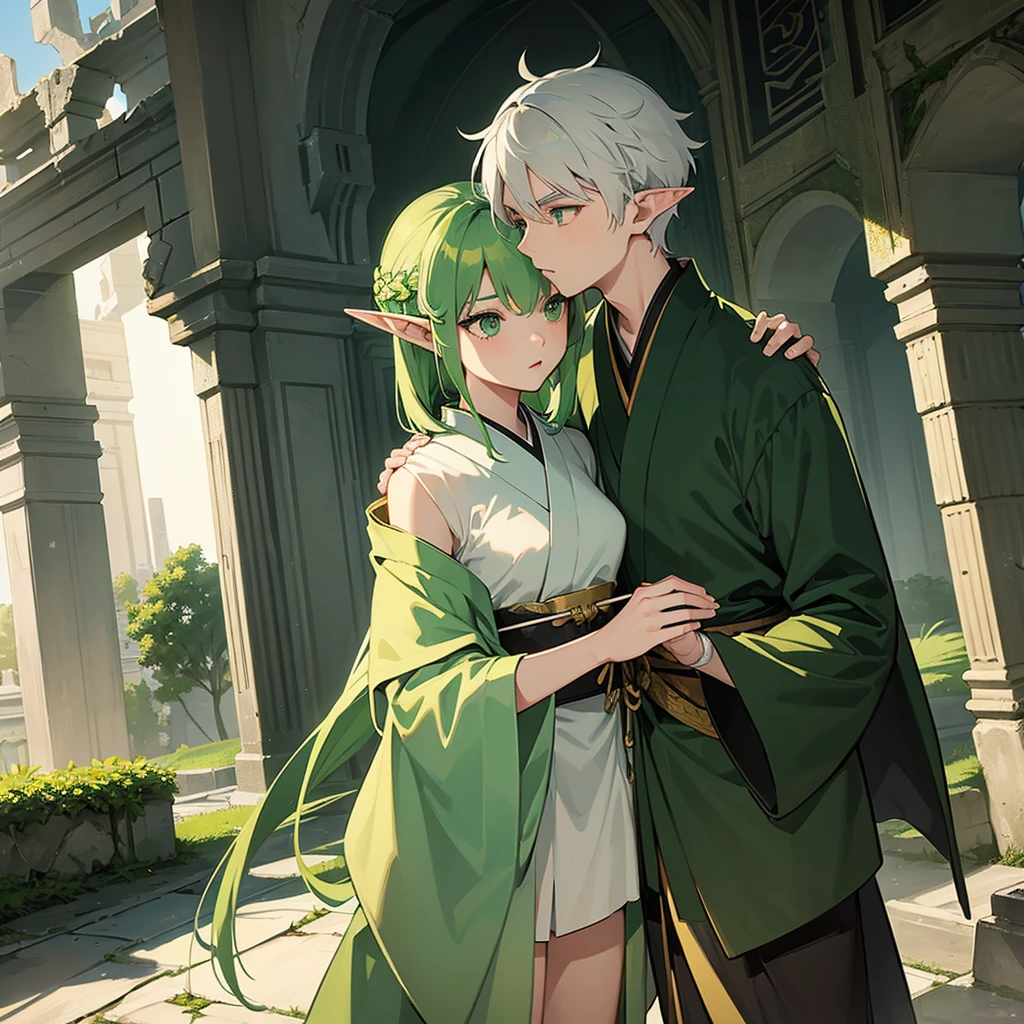 make a boy with white hair and green eyes wearing a kimono kissing an elf girl with green hair and green eyes wearing an archer outfit in front of ruins in dark fantasy aesthetic