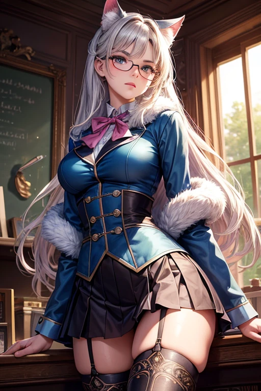 masterpiece, Beautiful art, professional artist, 8k, art style by sciamano240, Very detailed face, Detailed hair, detailed clothing, detailed fabric, 1 girl, perfectly drawn body, beautiful face, broad, light blue fur , highly detailed blue cat eyes, wearing teacher clothes, thigh high boots, tube skirt, Glasses, looking angrily over Glasses, Sensual Lips , pink cheeks, School environment, detailed background, board , show details in the eyes, close up view, looking at the viewer, angry expression, ceñudo, holding the ruler,