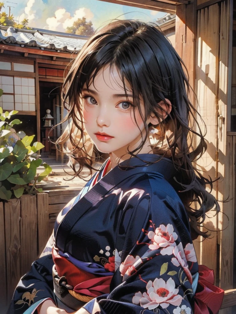 (highest quality、8k、32k、masterpiece)、(masterpiece, up to date,Exceptional:1.2), Anime, One girl,Front hair,black_hair, Beautiful 8k eyes,Looking_in_Audience,One person in,Are standing,((Very beautiful woman, Fuller lips, Japanese pintern kimono))、((Colorful Japanese kimono)))、(((Medium Shot)))、Blunt bung、(High resolution)、Very beautiful face and eyes、1 girl 、Round and small face、Narrow waist、delicine body、(highest quality high detail Rich skin details)、(highest quality、8k、Oil paints:1.2)、Very detailed、(Realistic、Realistic:1.37)、Bright colors、(((blackhair)))、(((longhair)))、(((cowboy pictures)))、((( Inside an old Japanese house)))、(masterpiece, highest quality, highest quality, Official Art, beautifully、aesthetic:1.2), (One girl), Very detailedな,(Fractal Art:1.3),colorful,Most detailed,Sengoku period(High resolution)、Very beautiful face and eyes、1 girl 、Round and small face、Tight waist、Delicine body、(highest quality high detail Rich skin details)、(highest quality、8k、Oil paints:1.2)、(Realistic、Realistic:1.37)、Greg Rutkowski Written by Alphonse Mucha Ropp, sun lips