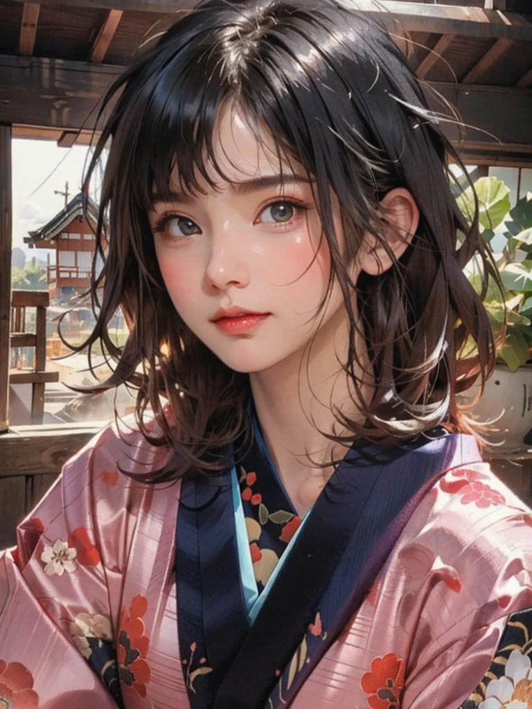 (highest quality、8k、32k、masterpiece)、(masterpiece, up to date,Exceptional:1.2), Anime, One girl,Front hair,black_hair, Beautiful 8k eyes,Looking_in_Audience,One person in,Are standing,((Very beautiful woman, Fuller lips, Japanese pintern kimono))、((Colorful Japanese kimono)))、(((Medium Shot)))、Blunt bung、(High resolution)、Very beautiful face and eyes、1 girl 、Round and small face、Narrow waist、delicine body、(highest quality high detail Rich skin details)、(highest quality、8k、Oil paints:1.2)、Very detailed、(Realistic、Realistic:1.37)、Bright colors、(((blackhair)))、(((longhair)))、(((cowboy pictures)))、((( Inside an old Japanese house)))、(masterpiece, highest quality, highest quality, Official Art, beautifully、aesthetic:1.2), (One girl), Very detailedな,(Fractal Art:1.3),colorful,Most detailed,Sengoku period(High resolution)、Very beautiful face and eyes、1 girl 、Round and small face、Tight waist、Delicine body、(highest quality high detail Rich skin details)、(highest quality、8k、Oil paints:1.2)、(Realistic、Realistic:1.37)、Greg Rutkowski Written by Alphonse Mucha Ropp, sun lips