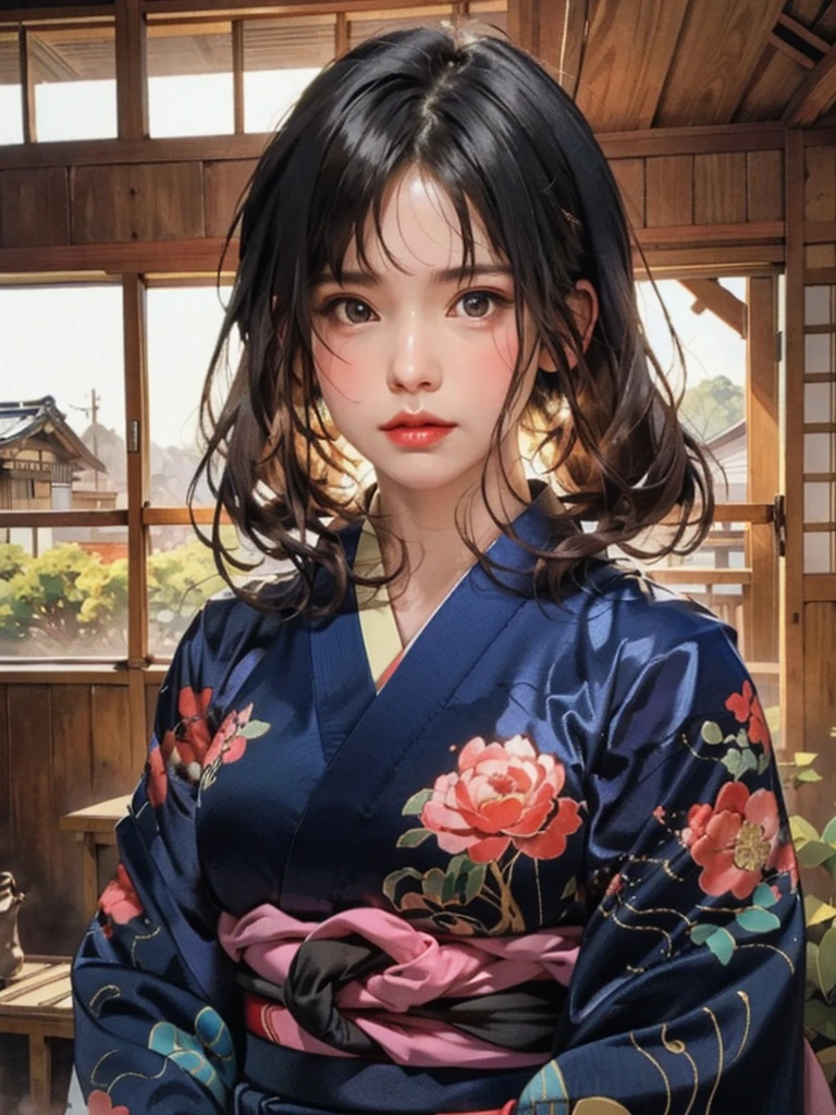 (highest quality、8k、32k、masterpiece)、(masterpiece, up to date,Exceptional:1.2), Anime, One girl,Front hair,black_hair, Beautiful 8k eyes,Looking_in_Audience,One person in,Are standing,((Very beautiful woman, Fuller lips, Japanese pintern kimono))、((Colorful Japanese kimono)))、(((Medium Shot)))、Blunt bung、(High resolution)、Very beautiful face and eyes、1 girl 、Round and small face、Narrow waist、delicine body、(highest quality high detail Rich skin details)、(highest quality、8k、Oil paints:1.2)、Very detailed、(Realistic、Realistic:1.37)、Bright colors、(((blackhair)))、(((longhair)))、(((cowboy pictures)))、((( Inside an old Japanese house)))、(masterpiece, highest quality, highest quality, Official Art, beautifully、aesthetic:1.2), (One girl), Very detailedな,(Fractal Art:1.3),colorful,Most detailed,Sengoku period(High resolution)、Very beautiful face and eyes、1 girl 、Round and small face、Tight waist、Delicine body、(highest quality high detail Rich skin details)、(highest quality、8k、Oil paints:1.2)、(Realistic、Realistic:1.37)、Greg Rutkowski Written by Alphonse Mucha Ropp, sun lips