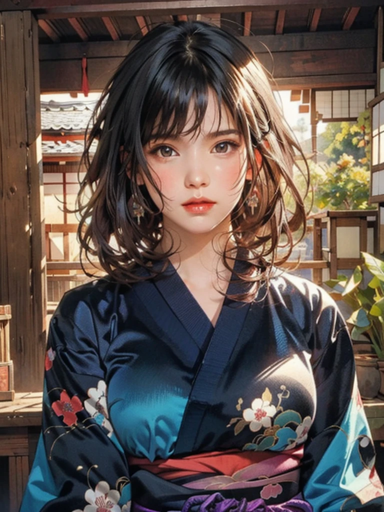 (highest quality、8k、32k、masterpiece)、(masterpiece, up to date,Exceptional:1.2), Anime, One girl,Front hair,black_hair, Beautiful 8k eyes,Looking_in_Audience,One person in,Are standing,((Very beautiful woman, Fuller lips, Japanese pintern kimono))、((Colorful Japanese kimono)))、(((Medium Shot)))、Blunt bung、(High resolution)、Very beautiful face and eyes、1 girl 、Round and small face、Narrow waist、delicine body、(highest quality high detail Rich skin details)、(highest quality、8k、Oil paints:1.2)、Very detailed、(Realistic、Realistic:1.37)、Bright colors、(((blackhair)))、(((longhair)))、(((cowboy pictures)))、((( Inside an old Japanese house)))、(masterpiece, highest quality, highest quality, Official Art, beautifully、aesthetic:1.2), (One girl), Very detailedな,(Fractal Art:1.3),colorful,Most detailed,Sengoku period(High resolution)、Very beautiful face and eyes、1 girl 、Round and small face、Tight waist、Delicine body、(highest quality high detail Rich skin details)、(highest quality、8k、Oil paints:1.2)、(Realistic、Realistic:1.37)、Greg Rutkowski Written by Alphonse Mucha Ropp, sun lips