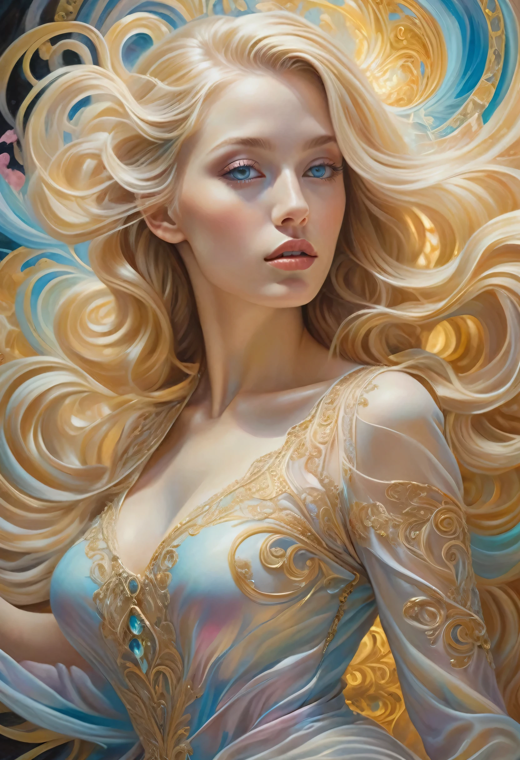 In a mesmerizing swirl of golden filigree and pastel hues, an imposing female figure, flowing blonde hair, sharp, detailed face, expressive, crystalline eyes, an image of an esoteric, Rococo-inspired time portal flourishes, its intricate details suggesting hidden depths beyond. This surreal oil painting transports viewers to a fantastical realm where delicate swirls of color dance with ethereal grace. The level of detail is breathtaking, each brushstroke meticulous and precise, capturing the essence of a bygone era with remarkable precision. This visually stunning masterpiece exudes an aura of mystery and wonder, inviting exploration of its enigmatic secrets.