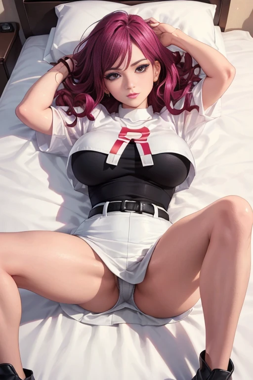 jessie (Pokémon),Being in a hotel,(lying on her back on the bed:1.4),(Spread your legs:1.4),(legs are raised :1.5),(top down view),
(((Masterpiece artwork))), ((best qualityer)), ((details Intricate)), ((ultra-realistic realism)), Ridiculous resolution, rocket team,jessie, transparentes, highy detailed, Lighting, 1 girl, ((breasts big)), (Pink areola),perfect hand, finger detailed, beautiful detailed eyes, Wavy curly black hair, with brown eyes, badge, CEO, (mini-skirt:1.2), (white top),(Breasts leak out of clothes), a white mini skirt, black shock, black thigh high boots, detailed back ground, Bedrooms, perfects eyes, seductive eye,perky buttocks,red face,(cute:1.2),Eyes seductive