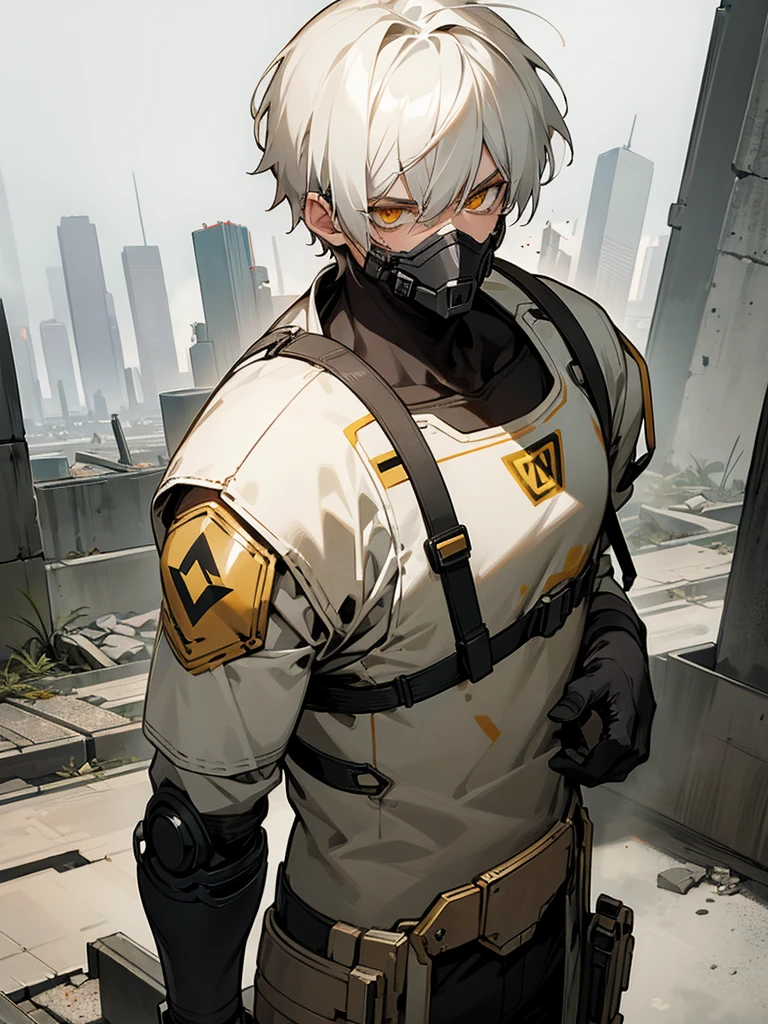 1 boy, post-apocalyptic suit, golden eyes, short hair, white hair, serious look, abandoned city background, ash particles as decoration.