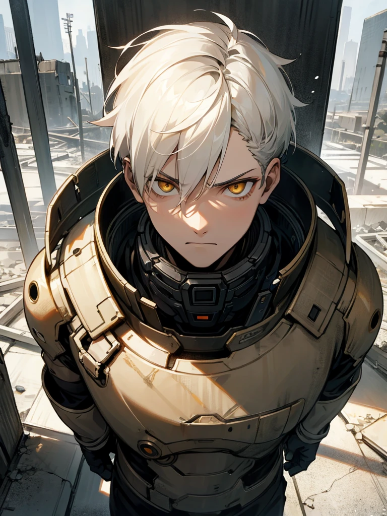 1 boy, post-apocalyptic suit, golden eyes, short hair, white hair, serious look, abandoned city background, ash particles as decoration.