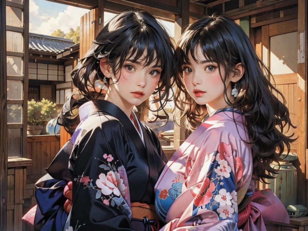 (highest quality、8k、32k、masterpiece)、(masterpiece, up to date,Exceptional:1.2), Anime, One girl,Front hair,black_hair, Beautiful 8k eyes,Looking_in_Audience,One person in,Are standing,((Very beautiful woman, Fuller lips, Japanese pintern kimono))、((Colorful Japanese kimono)))、(((Medium Shot)))、Blunt bung、(High resolution)、Very beautiful face and eyes、1 girl 、Round and small face、Narrow waist、delicine body、(highest quality high detail Rich skin details)、(highest quality、8k、Oil paints:1.2)、Very detailed、(Realistic、Realistic:1.37)、Bright colors、(((blackhair)))、(((longhair)))、(((cowboy pictures)))、((( Inside an old Japanese house)))、(masterpiece, highest quality, highest quality, Official Art, beautifully、aesthetic:1.2), (One girl), Very detailedな,(Fractal Art:1.3),colorful,Most detailed,Sengoku period(High resolution)、Very beautiful face and eyes、1 girl 、Round and small face、Tight waist、Delicine body、(highest quality high detail Rich skin details)、(highest quality、8k、Oil paints:1.2)、(Realistic、Realistic:1.37)、Greg Rutkowski Written by Alphonse Mucha Ropp, sun lips