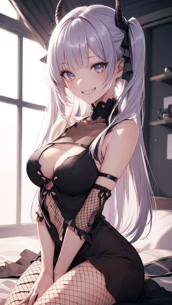 (high quality, 8k, 4K, High Contrast, masterpiece:1.2, 最high quality, Best aesthetics), (Realistic skin texture:1.3), beautiful, masterpiece, 最high quality, hiqcg body, anime, (1 girl:1.5), (Small breasts:1.2), View your audience,Wet Skin, Horn,Intricate details, Little Woman, Her eyes were shining like dreamy stars..,(Shining Eyes:1.3),(Beautiful and detailed eyes:1.1)、[[Delicate fingers and hands:0.55]::0.85],(Further references:),(The eyes are bright purple,(Sharp Eye:1.3), (tsurime:1.5), Twin tails,Straight hair,(Asymmetrical bangs:1.2),(Blunt bangs:1.3), (hairpin:1.2), ta, Young Face,Childish,Small devil,Succubus,vampire,Double teeth,小さいHorn), (Black fishnet top:1.5),(Disheveled clothing:1.5),(Yandere:1.1),(Yandere smile:1.3),(Grin:1.3) ,(Sharp Eye:1.3),Horn,The eyes are bright purple,(Lying down)