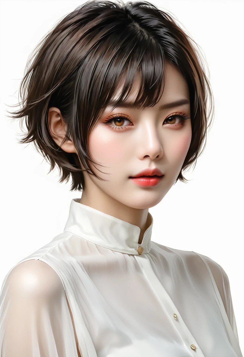 beautiful Japanese woman with short hair , white background