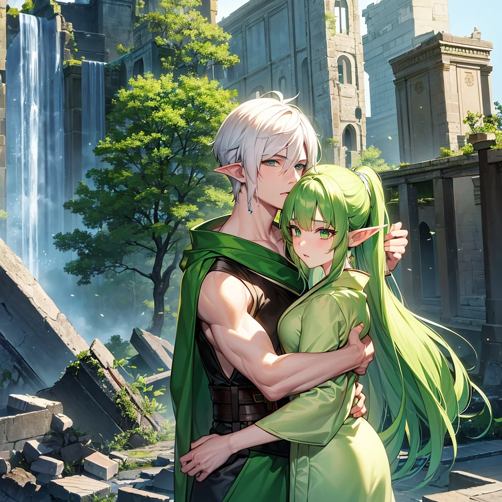 make a boy with white hair and green eyes wearing a kimono kissing an elf girl with green hair and green eyes wearing an archer outfit in front of ruins in dark fantasy aesthetic