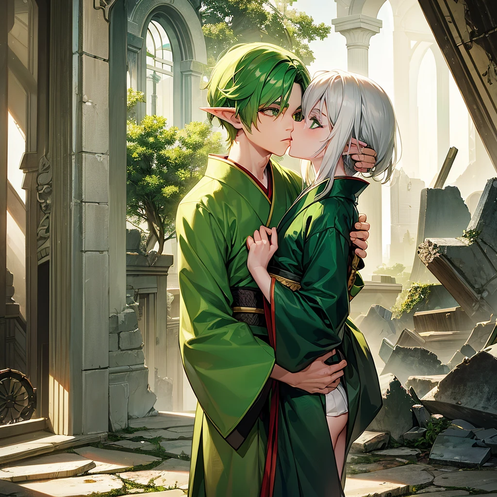 make a boy with white hair and green eyes wearing a kimono kissing an elf girl with green hair and green eyes wearing an archer outfit in front of ruins in dark fantasy aesthetic