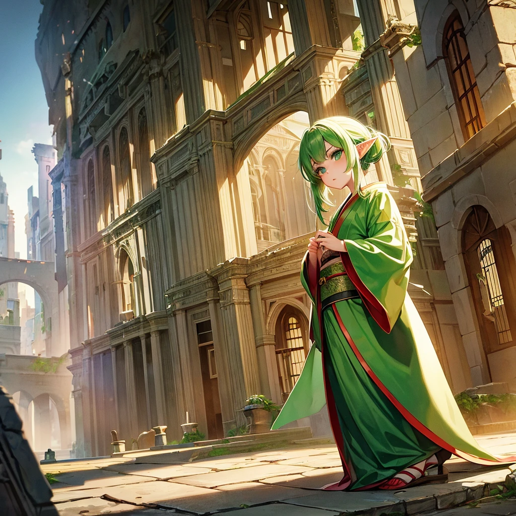 make a boy with white hair and green eyes wearing a kimono kissing an elf girl with green hair and green eyes wearing an archer outfit in front of ruins in dark fantasy aesthetic