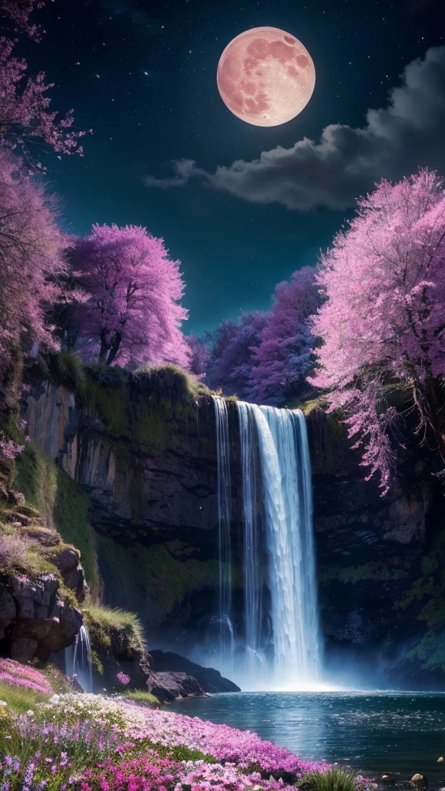 (8k, Best Quality, masterpiece:1.2),(Best Quality:1.0), (ultra high resolution:1.0), nature, peace, pink moon, Lights, infinite waterfall, butterflies, adas, beautiful colorful flowers, 