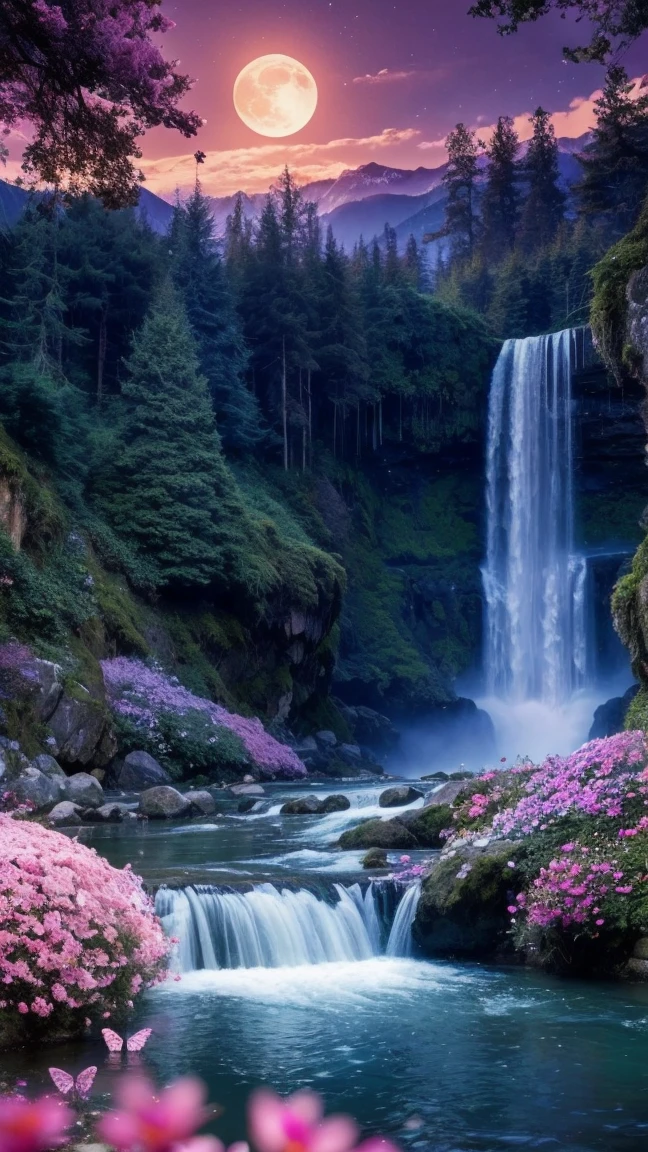 (8k, Best Quality, masterpiece:1.2),(Best Quality:1.0), (ultra high resolution:1.0), nature, peace, pink moon, Lights, infinite waterfall, butterflies, adas, beautiful colorful flowers, 