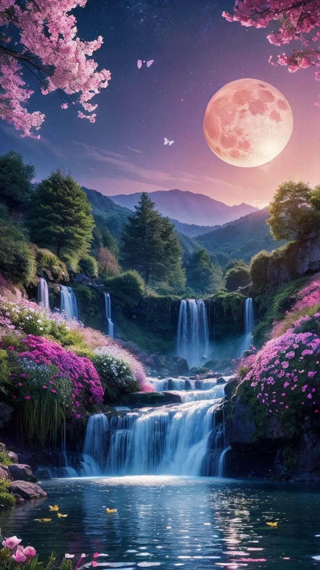 (8k, Best Quality, masterpiece:1.2),(Best Quality:1.0), (ultra high resolution:1.0), nature, peace, pink moon, Lights, infinite waterfall, butterflies, adas, beautiful colorful flowers, 